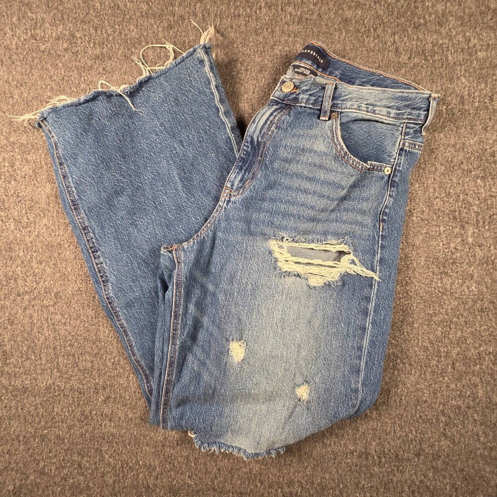 Aeropostale High Rise Baggy Jeans Size 12 Wide Leg Distressed Blue Denim Raw Hem